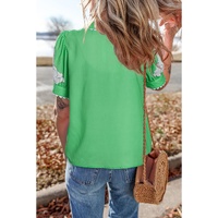 Green Floral Ric Rac Edge Puff Sleeve Button Up Summer Shirt - M thumbnail