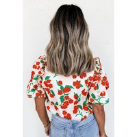 Red Floral Print Ruffled Puff Sleeve Elegant Summer Shirt - S thumbnail