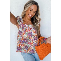 Rose Red Floral Square Neck Flutter Tank Top - L thumbnail