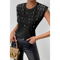 Black Pearls Beaded Shoulder Pad Crew Neck Tank Top - L thumbnail