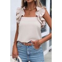 Oatmeal Solid Ruffle Trim Sleeveless Top - L thumbnail