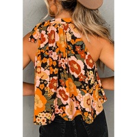 Orange Floral Print Knotted Halter Neck Sleeveless Top - L thumbnail