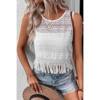 White Lace Crochet Hollow out Fringed Tank Top - XL thumbnail