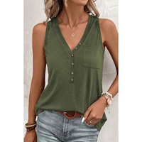 Jungle Green Half Button V Neck Patched Pocket Tank Top - L thumbnail