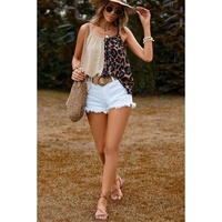 Khaki Leopard Contrast Patchwork Spaghetti Strap Tank Top - L thumbnail