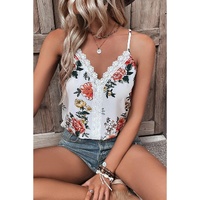 White Floral Print Lace V Neck Tank Top - L thumbnail