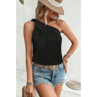 Black Textured Bowknot One Shoulder Tank Top - XL thumbnail