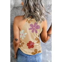 Khaki Flower Print Round Neck Tank - M thumbnail