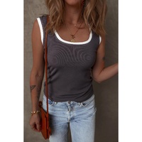 Carbon Grey Ribbed Knit Colorblock Edge U Neck Slim Fit Tank Top - L thumbnail