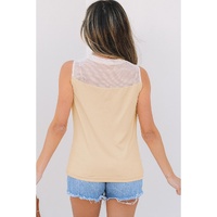 Oatmeal Solid Mesh Patchwork Crew Neck Tank Top - L thumbnail