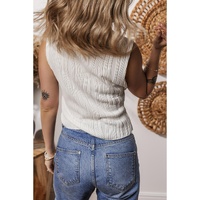 White Solid Color Wavy Textured Round Neck Tank Top - L thumbnail