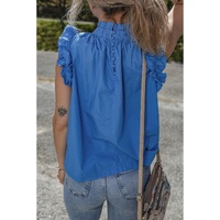 Sky Blue Frilled Neck Ruffled Armholes Buttoned Back Tank Top - L thumbnail