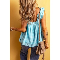 Sky Blue Tribal Pattern Print Ruffled Wide Straps Loose Tank Top - L thumbnail