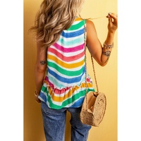 Rose Red Rainbow Stripes Ruffled Hem Drawstring V Neck Tank Top - L thumbnail