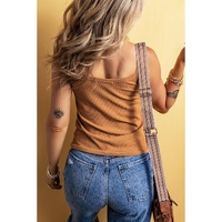 Straw Yellow Ribbed Front Knot Buttoned Thin Strap Tank Top - L thumbnail