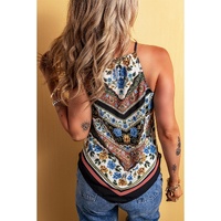 Red Mixed Floral Chevron Pattern Dip Hem Spaghetti Straps Tank - M thumbnail