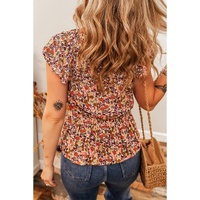 Red Floral Print Knot V Neck Ruffled Sleeve Blouse - XL thumbnail