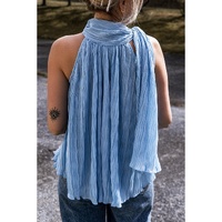 Myosotis Textured Pleated Tied Mock Neck  Flowy Tank Top - L thumbnail