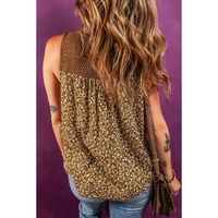 Brown Eyelet Knit Yoke Patchwork Printed Flowy Fit Tank Top - S thumbnail