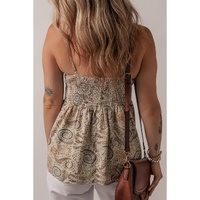 Khaki Paisley Printed Spaghetti Strap V Neck Smocked Babydoll Tank Top - L thumbnail