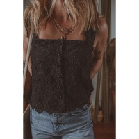 Black Floral Embroidered Buttoned Square Neck Tank Top - L thumbnail