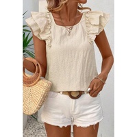 Beige Textured Bow Knot Frilled Butterfly Sleeve Blouse - L thumbnail