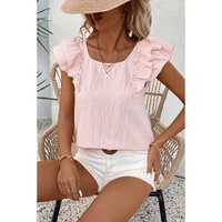 Gossamer Pink Textured Bow Knot Frilled Butterfly Sleeve Blouse - L thumbnail