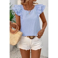 Beau Blue Textured Bow Knot Frilled Butterfly Sleeve Blouse - L thumbnail