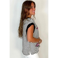 Black Stripe Sequined Lobster Patched Pocket Casual Tank Top - L thumbnail