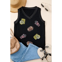 Black Sequined Crawfish Ribbed V Neckline Tank Top - M thumbnail