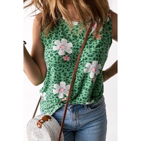 Green Crew Neck Floral Leopard Print Tank Top - M thumbnail