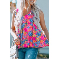 Rose Red Boho Pattern Print Flounce V Neck Tank Top - S thumbnail