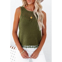 Green Tasseled Crochet Hollow-out Knit Tank - XL thumbnail