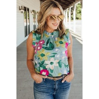 Green Floral Print Ruffle Trim Tank Top - M thumbnail