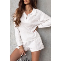White Ribbed Zipper Sweatshirt and High Waist Shorts Set - L thumbnail