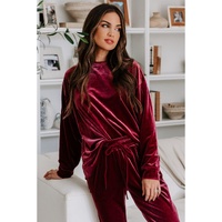 Fiery Red Solid Velvet Two Piece Lounge Set - XL thumbnail