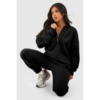 Black Plain Half Zip V Neck Ribbed Edge Loose Tracksuit - 2XL thumbnail