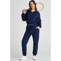 Navy Blue Ribbed Knit Cropped Hoodie and Drawstring Joggers Set - M thumbnail