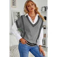 Azura Exchange Gray V Neck Contrast Stripes Trims Short Sleeve Sweater - L thumbnail