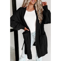 Black Ribbed Trim Eyelet Cable Knit Cardigan - L thumbnail