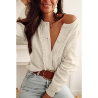 Apricot Lace Trim Ribbed Round Neck Button Up Cardigan - M thumbnail