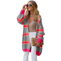 Medium Grey Stripe Printed Ribbed Long Knitted Cardigan - L thumbnail