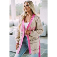 Gray Geometric Cable Knit Pocketed Open Front Cardigan - L thumbnail