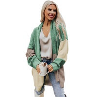 Green Colorblock Draped Open Front Chunky Cardigan - L thumbnail