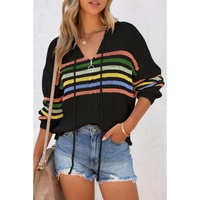 Black Striped Detail Zip Up Hooded Sweater Cardigan - M thumbnail