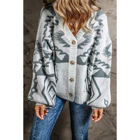 Light Grey Geometric Pattern Ribbed Trim Button-Up Cardigan - L thumbnail