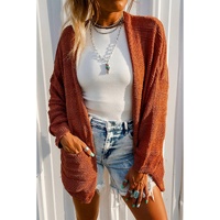 Tomato Red Open Front Textured Knit Cardigan with Pockets - M thumbnail