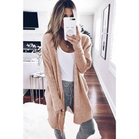 Smoke Gray Ribbed Trim Puff Sleeve Open Cardigan - L thumbnail