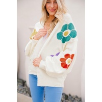 White Flower Jacquared Bubble Sleeve Open Cardigan - M thumbnail