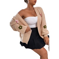 Smoke Gray Floral Applique Drop Shoulder Bubble Sleeve Cardigan - L thumbnail